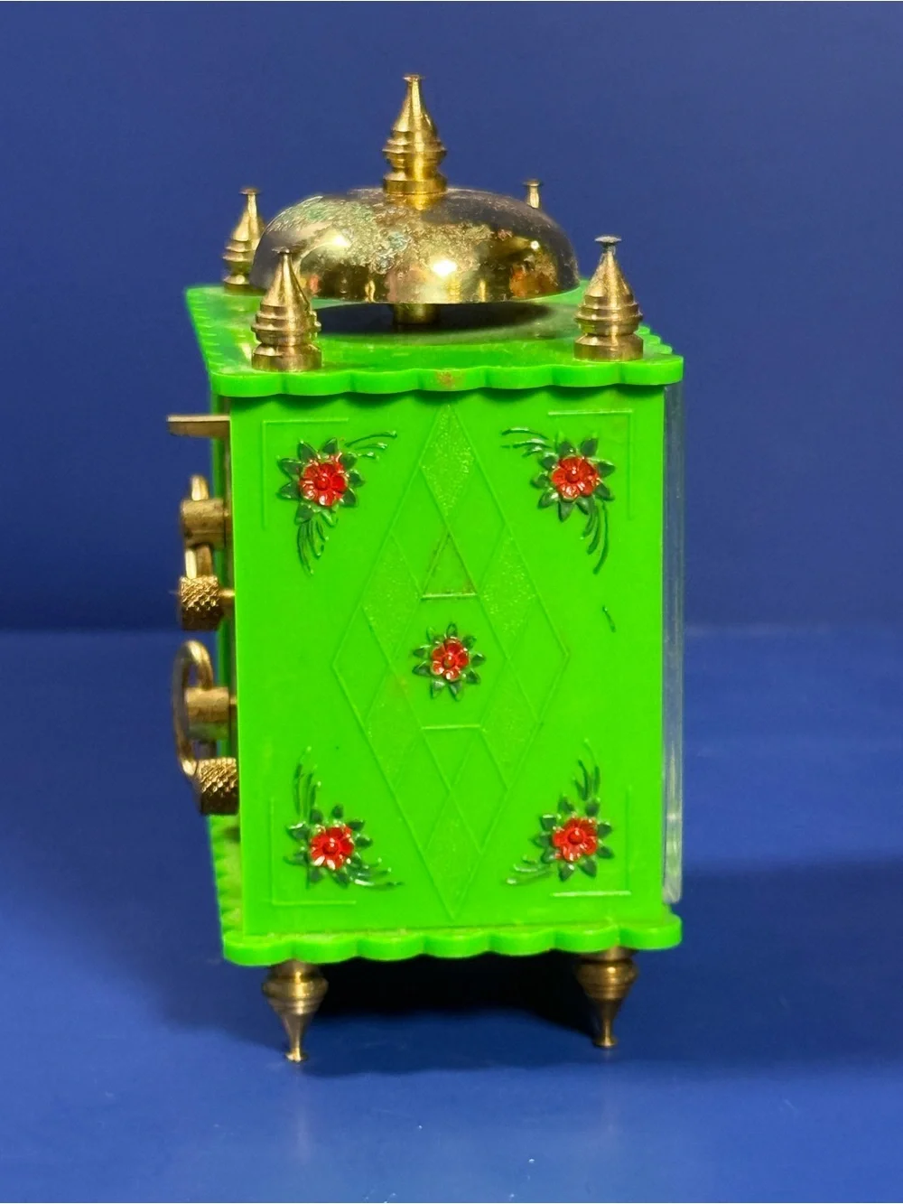 Vintage Elgin Alarm Clock – West Germany – Works – Mini 4” - Green w Gold Accent